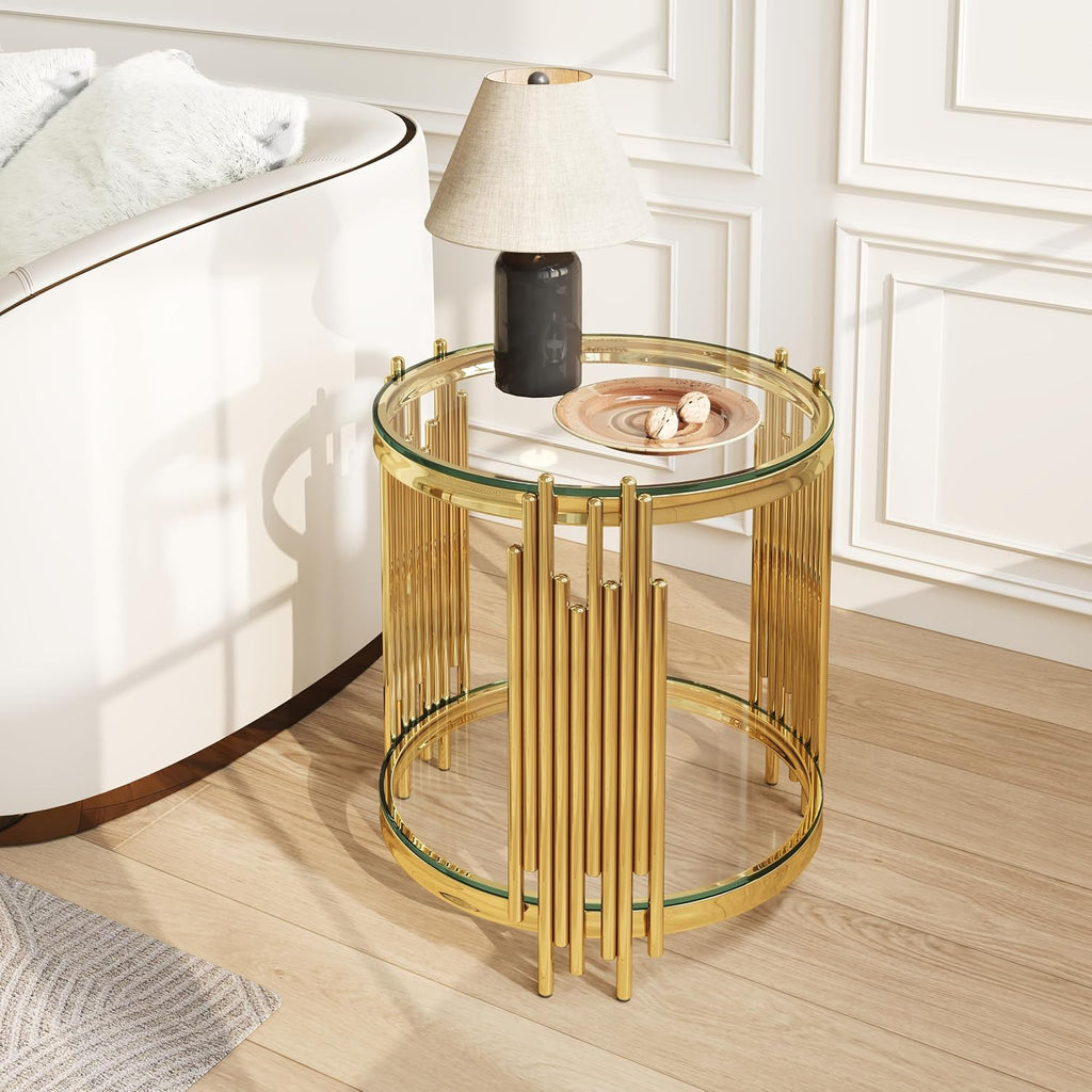 2 Tier Round Side Table with Tempered Glass Top, Modern End Table with Stainless Steel Legs for Living Room Home Office,Gold+Clear