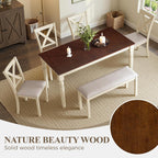 LUXOAK 60" Solid Wood Dining Table Set for 6, Farmhouse Kitchen Table with 4 Upholstered Chairs & Bench, 6-Piece Dining Room & Living Room Furniture, Cream White