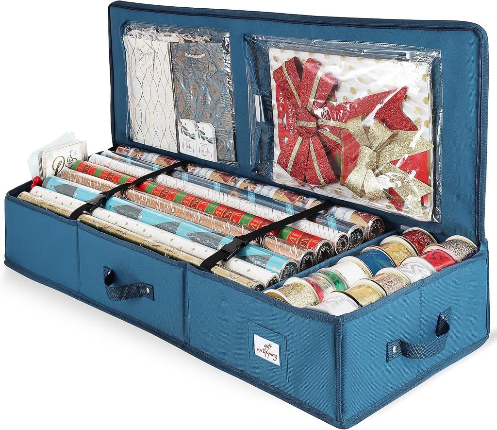 Hearth & Harbor Wrapping Paper Storage Container - Christmas Storage Bag with Interior Pockets - Gift Wrapping Organizer Storage Fits Up to 22 Rolls of 40" - Tear Proof Wrapping Paper Organizer