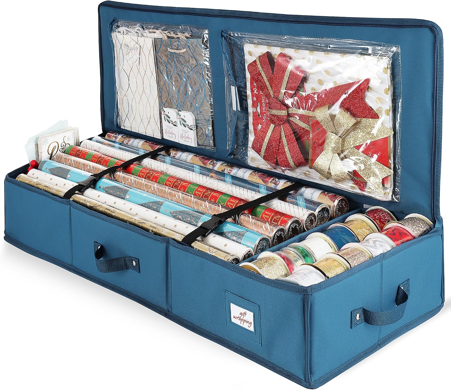 Hearth & Harbor Wrapping Paper Storage Container - Christmas Storage Bag with Interior Pockets - Gift Wrapping Organizer Storage Fits Up to 22 Rolls of 40" - Tear Proof Wrapping Paper Organizer