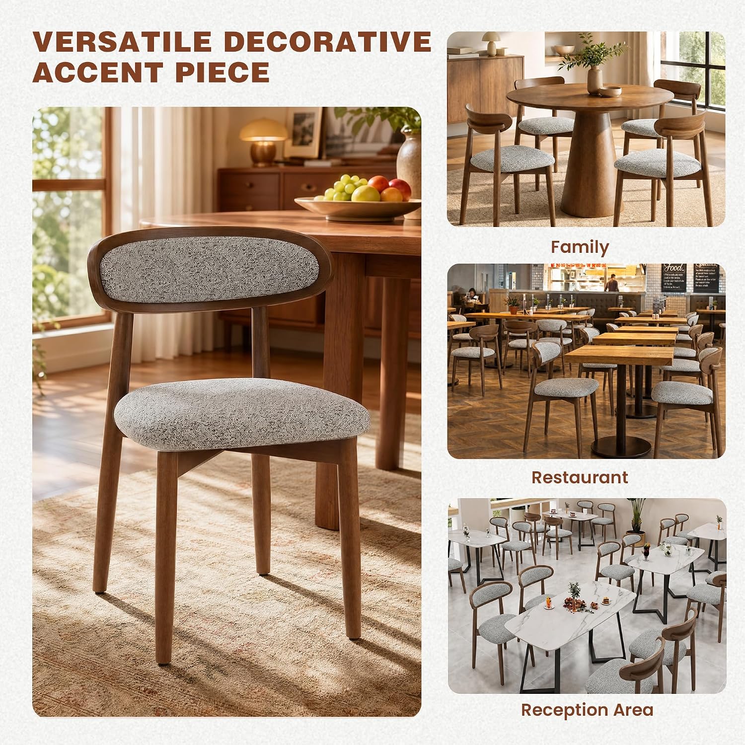 Dining Chairs Set of 4, Upholstered Farmhouse Dining Room Chairs with Soild Wood Legs, Modern Fabric Kitchen Chairs with Ergonomic Curved Backrest, Gray
