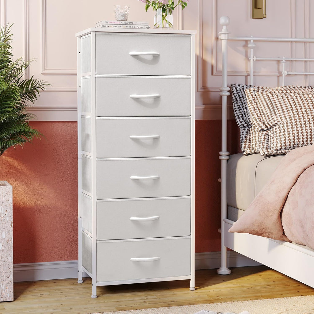 Crestlive Products Tall Dresser for Bedroom Vertical Storage Tower - Sturdy Steel Frame, Wood Top, Easy Pull Fabric Bins, Handles - Organizer Unit for Hallway, Entryway, Closets - 6 Drawers (White)