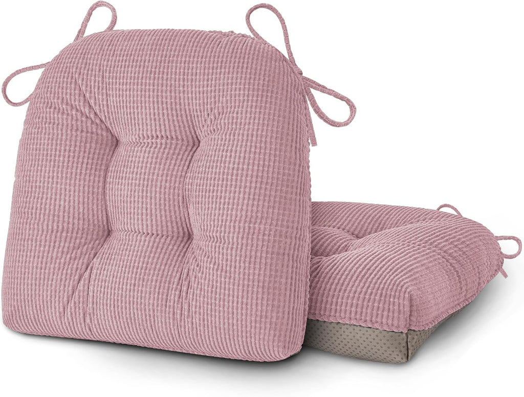 OVOV Dining Chair Cushions Set of 2 Soft Non-Slip Kitchen Chair Pads Tufted Seat Cushion with Ties for Kitchen Dining Room(18" x 16.5" x 3" Light Pink)