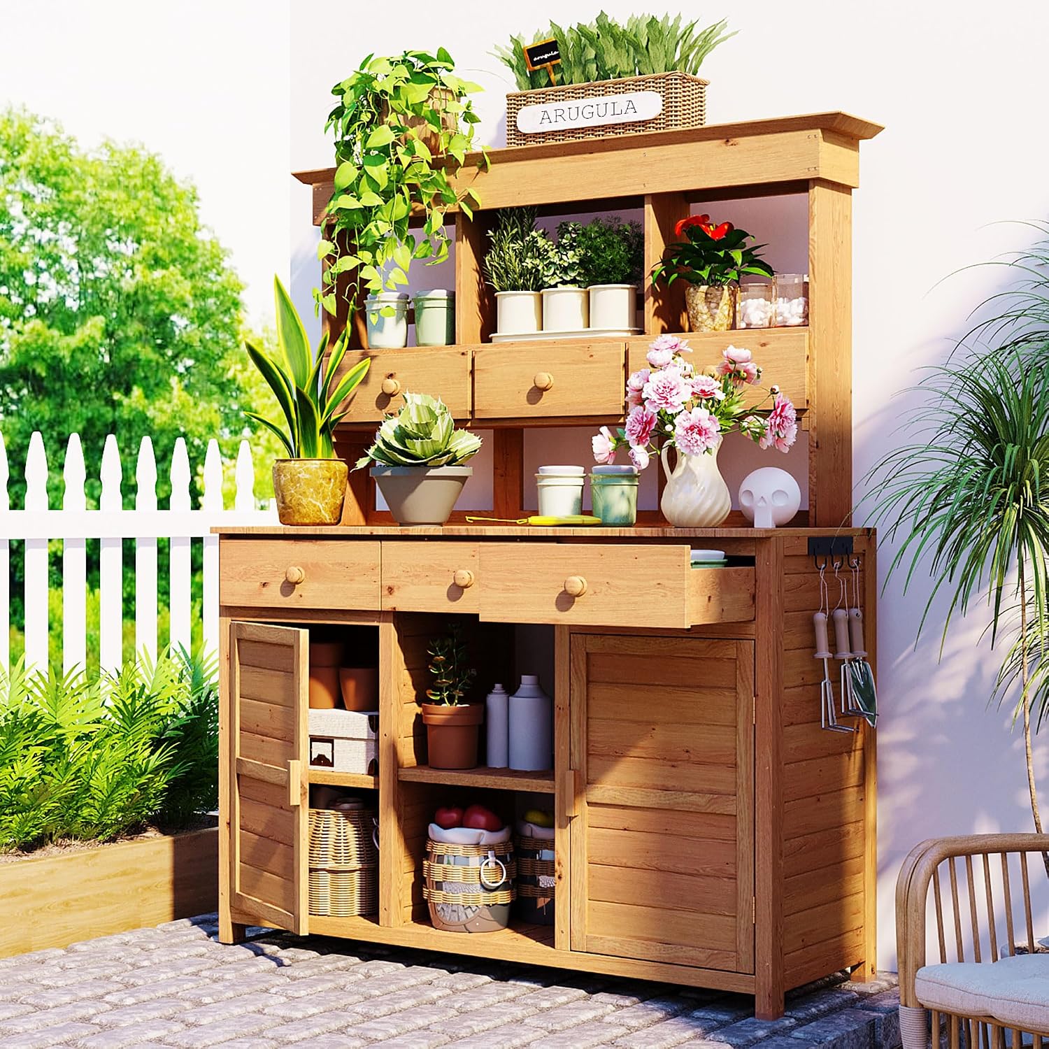 LUMISOL Garden Potting Bench Table with Hutch, Solid Fir Wood Patio Storage Workstation with 3 Shelves, 6 Drawers, 2 Bottom Cabinet and Side Hooks for Mudroom, Doorway, Natural