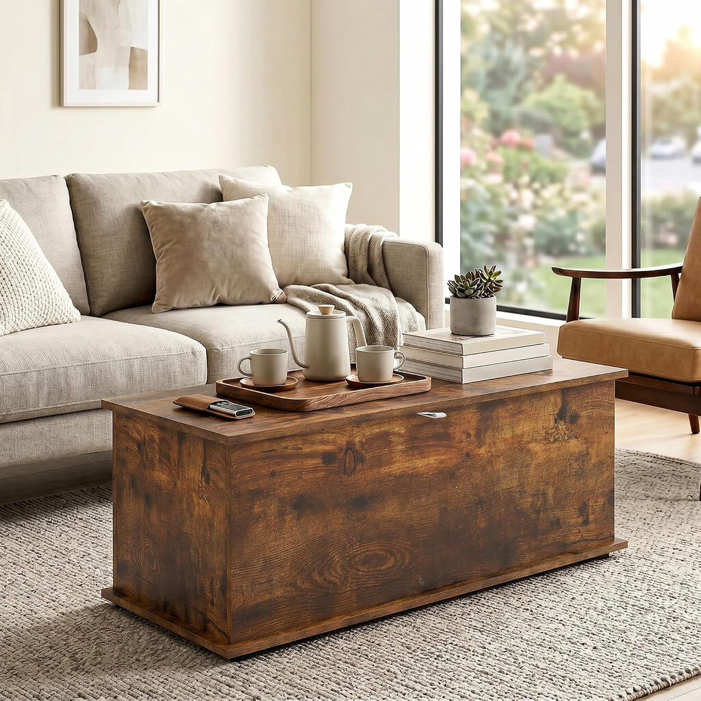 HOMCOM 113L Storage Chest, Storage Box with Flip-Top Lid and 2 Safety Hinges, Storage Trunk for Living Room, Entryway, 100 x 40 x 40 cm, Rustic Brown