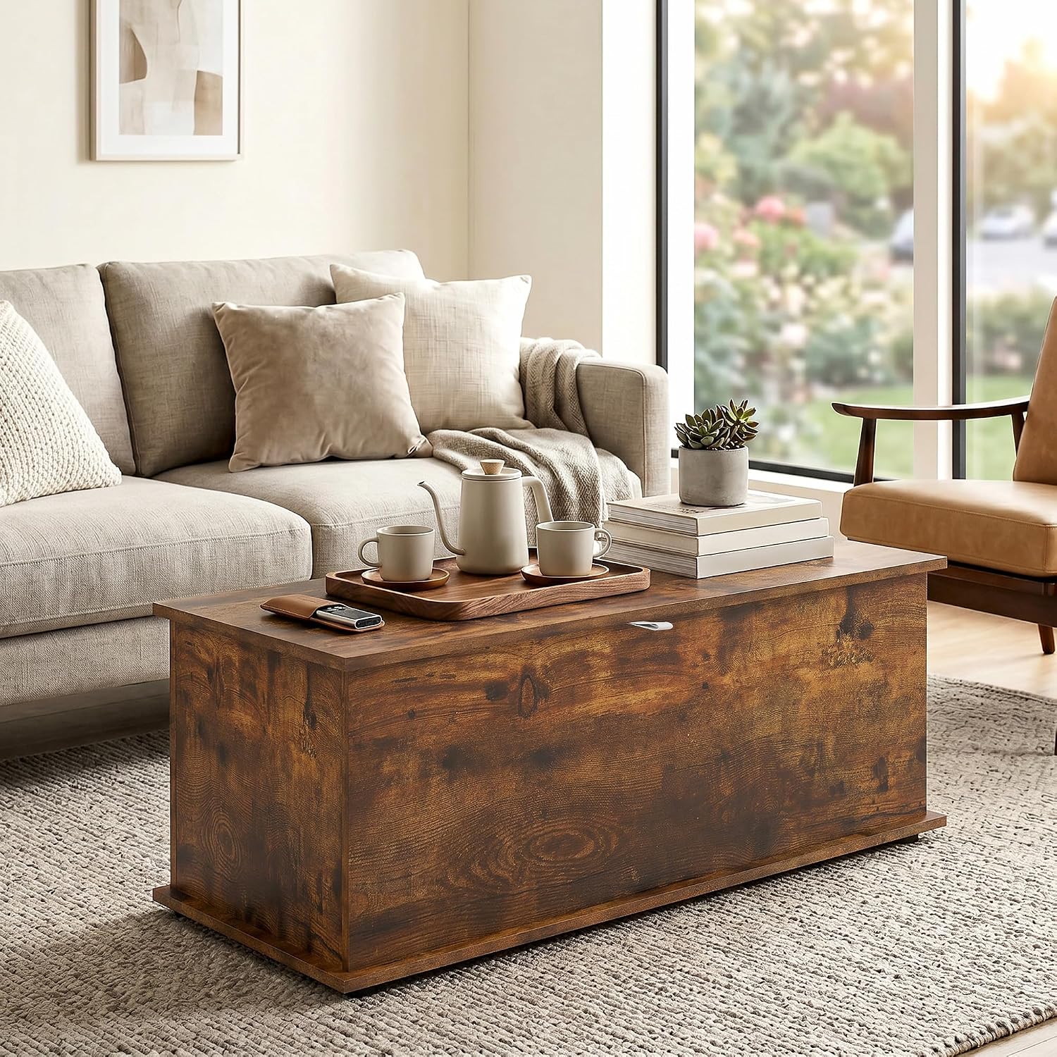 HOMCOM 113L Storage Chest, Storage Box with Flip-Top Lid and 2 Safety Hinges, Storage Trunk for Living Room, Entryway, 100 x 40 x 40 cm, Rustic Brown