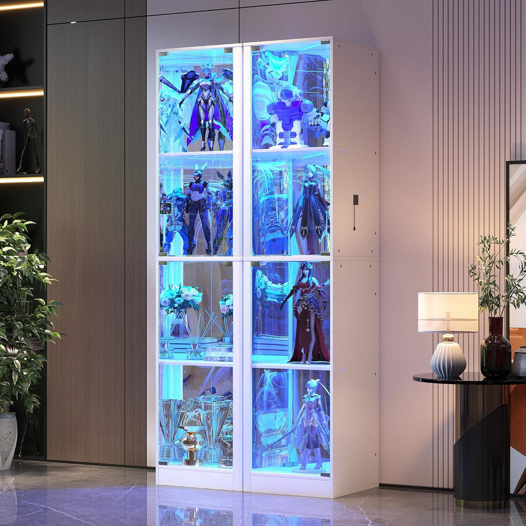 Dystler Corner Display Cabinet with Glass Doors, 68" Display Case with LED Lights, 4-Tier Curio Cabinets for Collectibles, Toys, Books, Mirrored Storage Cabinet, White
