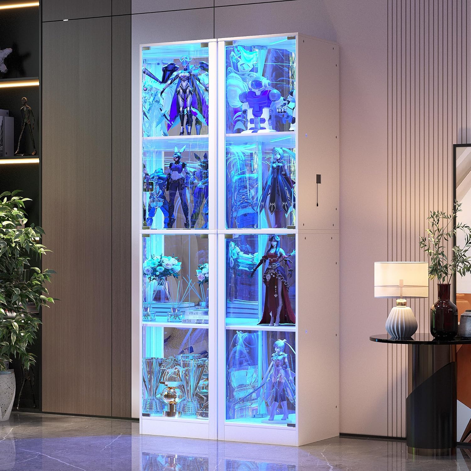 Dystler Corner Display Cabinet with Glass Doors, 68" Display Case with LED Lights, 4-Tier Curio Cabinets for Collectibles, Toys, Books, Mirrored Storage Cabinet, White