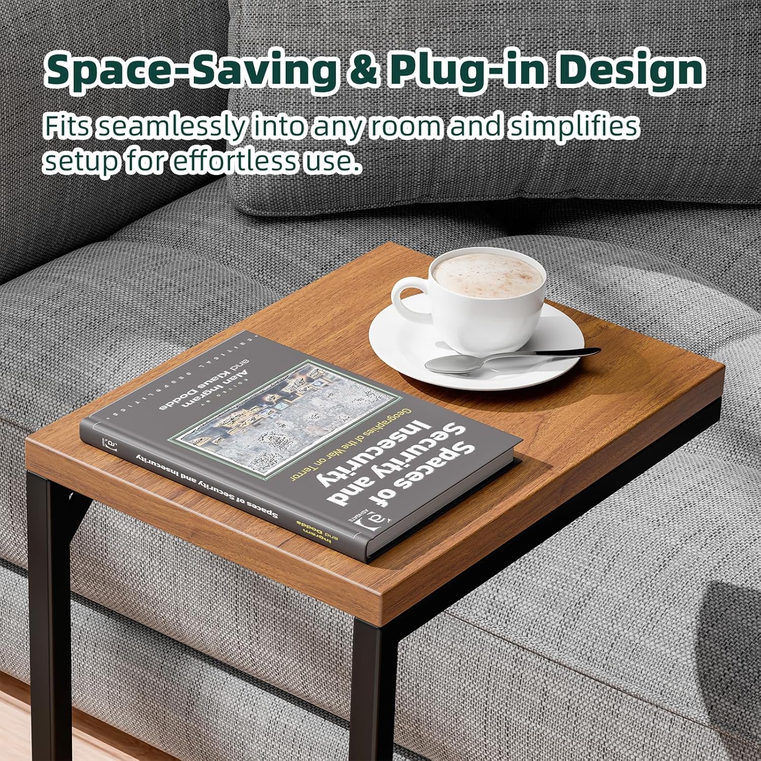 Ekisemio C Table for Sofa, C Shaped End Table with Metal Frame, Small Side Table for Couch, TV Tray for Living Room, Bedroom, Rustic Brown