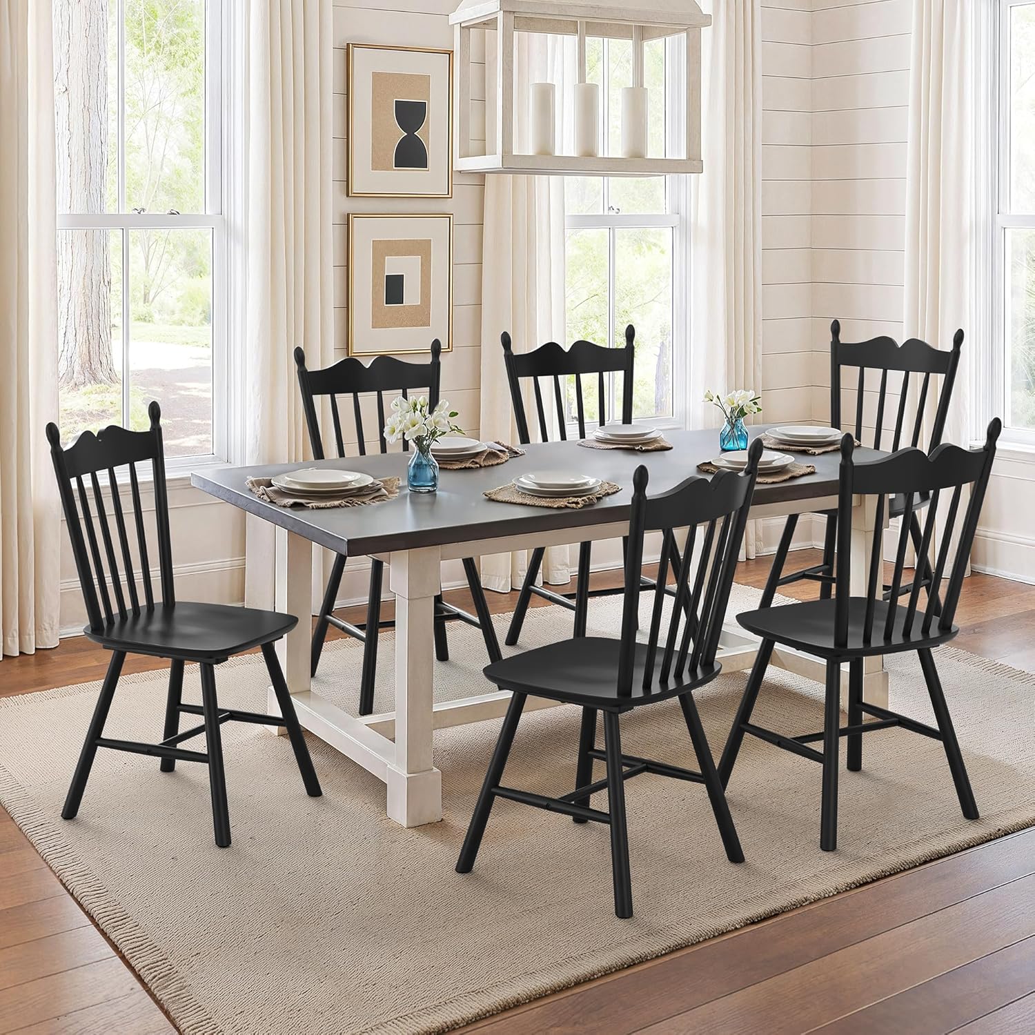 LUE BONA Black Dining Chairs Set of 6, Windsor Wooden Dining Chair with Thickened Backrest, Morden and Mid Century Kitchen Chairs for Dining Room Farmhouse, Weight Capacity 350 lbs