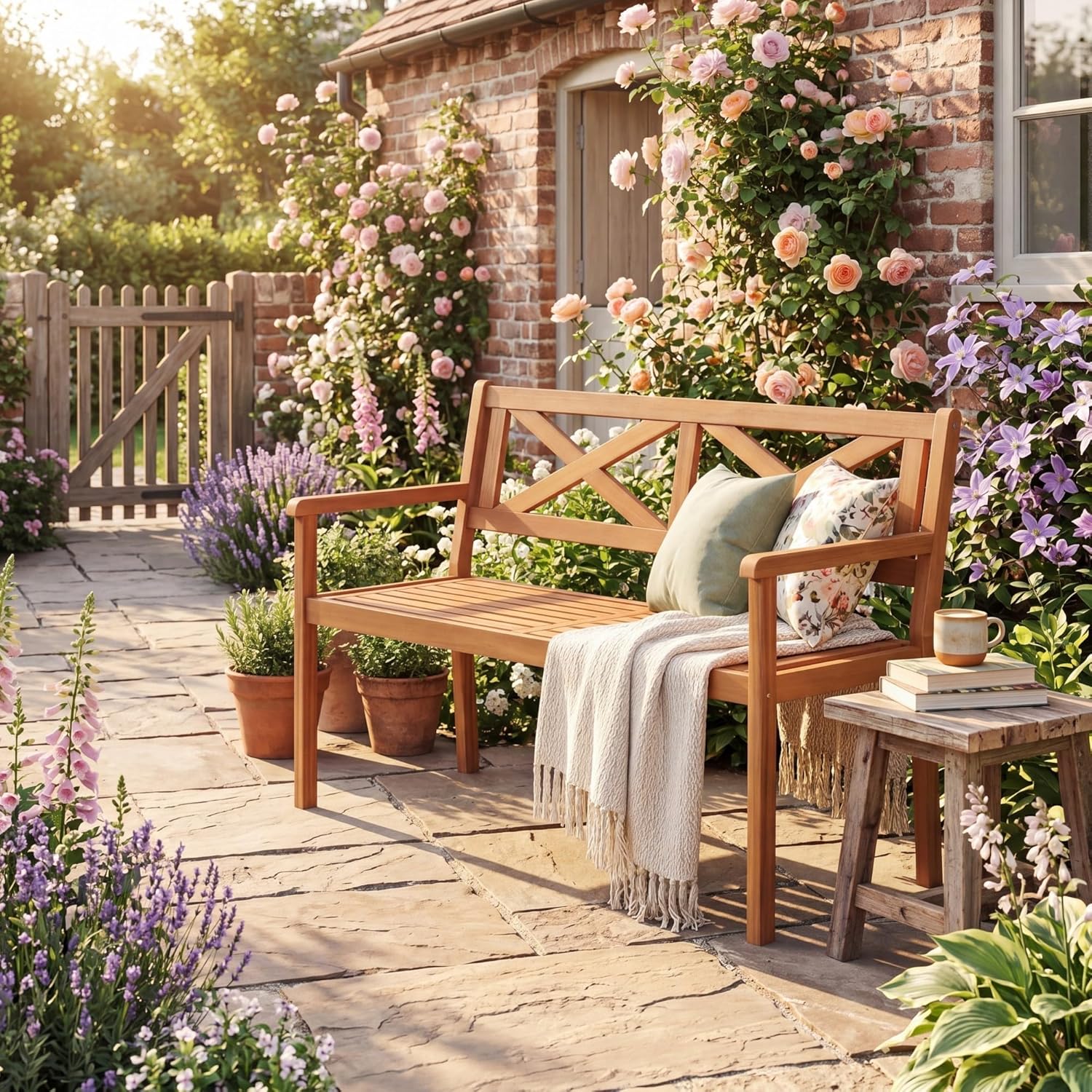 Giantex 2-Person Outdoor Bench, 47" Patio Acacia Wood Loveseat with Slatted Seat, Armrests & X-Shaped Backrest, Wooden Garden Seating for Backyard, Porch, Deck, Poolside