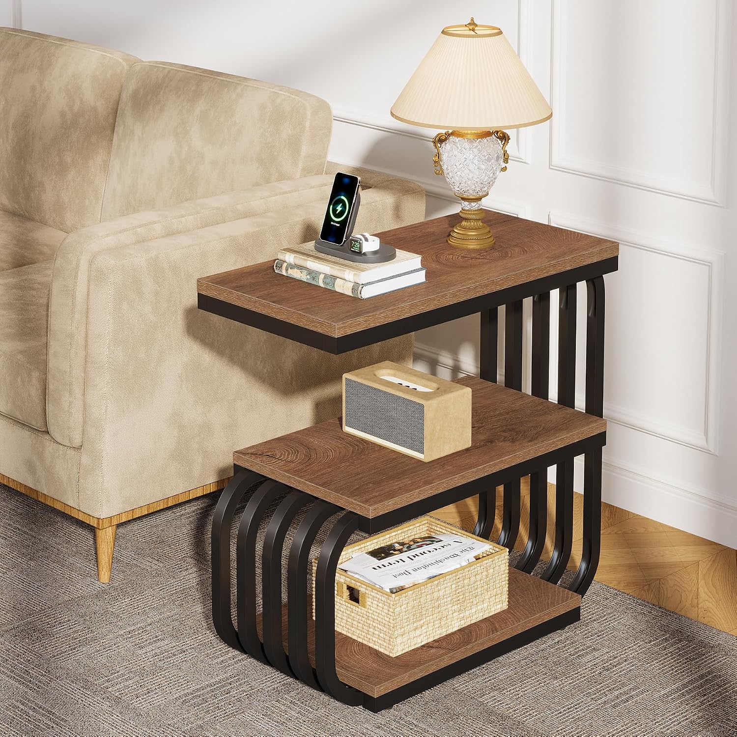 Tribesigns Small End Table, Narrow Side or Bedside Stand, 3 Tier Design Accent Table with Metal Frame, Industrial Vintage Nightstand for Living Room, or Small Spaces (1, Brown)