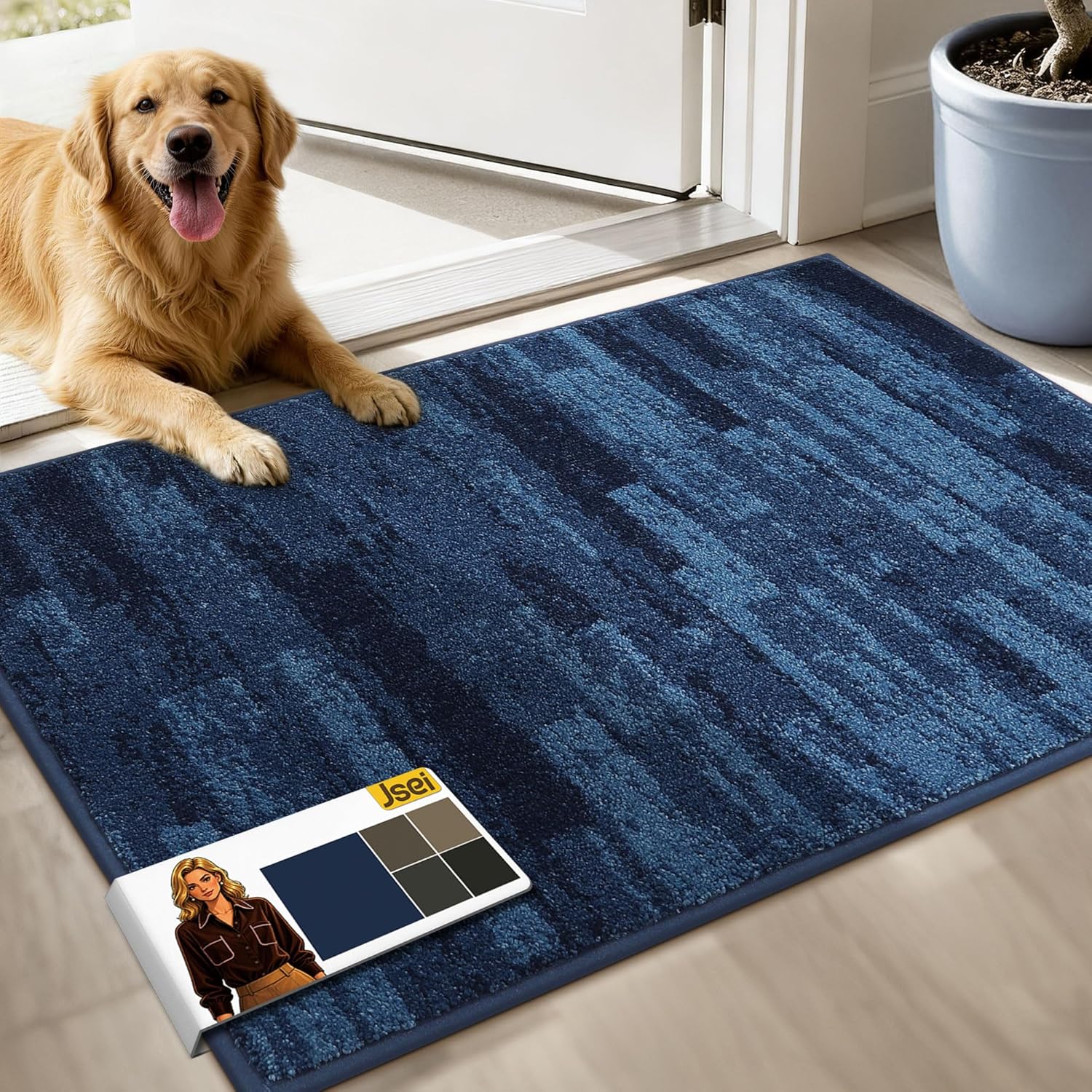 JSEI Dirt Trapper Door Mat 24"x36", Non-Slip Doormats Washable Entryway Mat, Welcome Floor Mat Absorbent Low Profile Dog Door Mats for Front Back Door, Wet Shoes & Paws, Blue