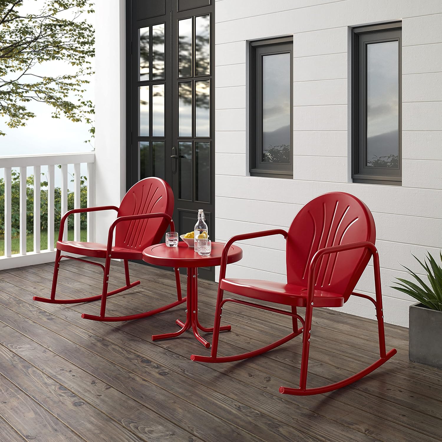 Crosley Furniture Griffith 3-Piece Outdoor Rocking Chair and Side Table Set, Retro Metal Bistro Patio Sets, Bright Red Gloss