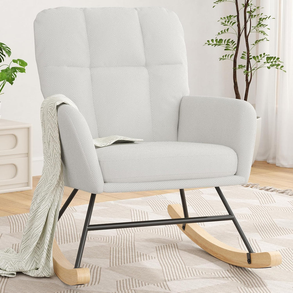 Nursery Rocking Chair Upholstered, High Backrest Glider Rocker Accent Chair with Padded Removable Cushion Comfy Nursing Chair for Living Room Bedroom Office, White Grey