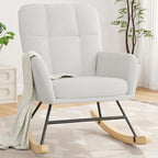 Nursery Rocking Chair Upholstered, High Backrest Glider Rocker Accent Chair with Padded Removable Cushion Comfy Nursing Chair for Living Room Bedroom Office, White Grey