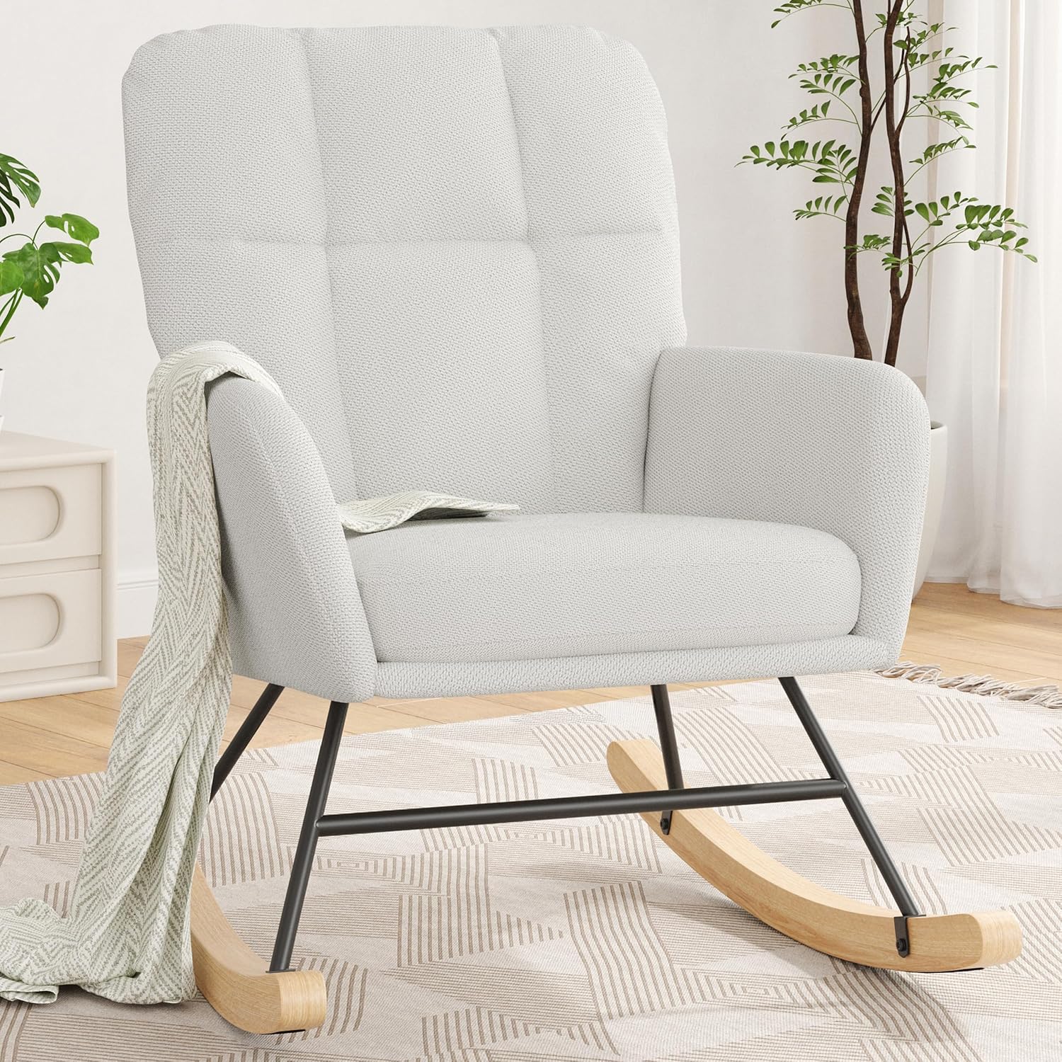 Nursery Rocking Chair Upholstered, High Backrest Glider Rocker Accent Chair with Padded Removable Cushion Comfy Nursing Chair for Living Room Bedroom Office, White Grey