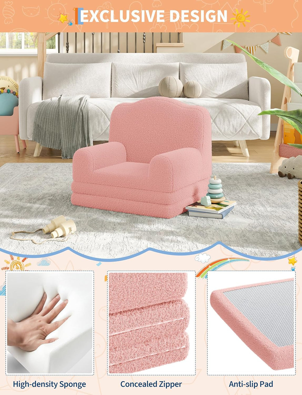 IDEALHOUSE Kids Sofa Chair, Sherpa Convertible Toddler Couch with Washable Cover, Crown Design Comfy Children's Reading Chair, Fold Out Sofa Bed for Playroom, Nursery, Girls & Boys