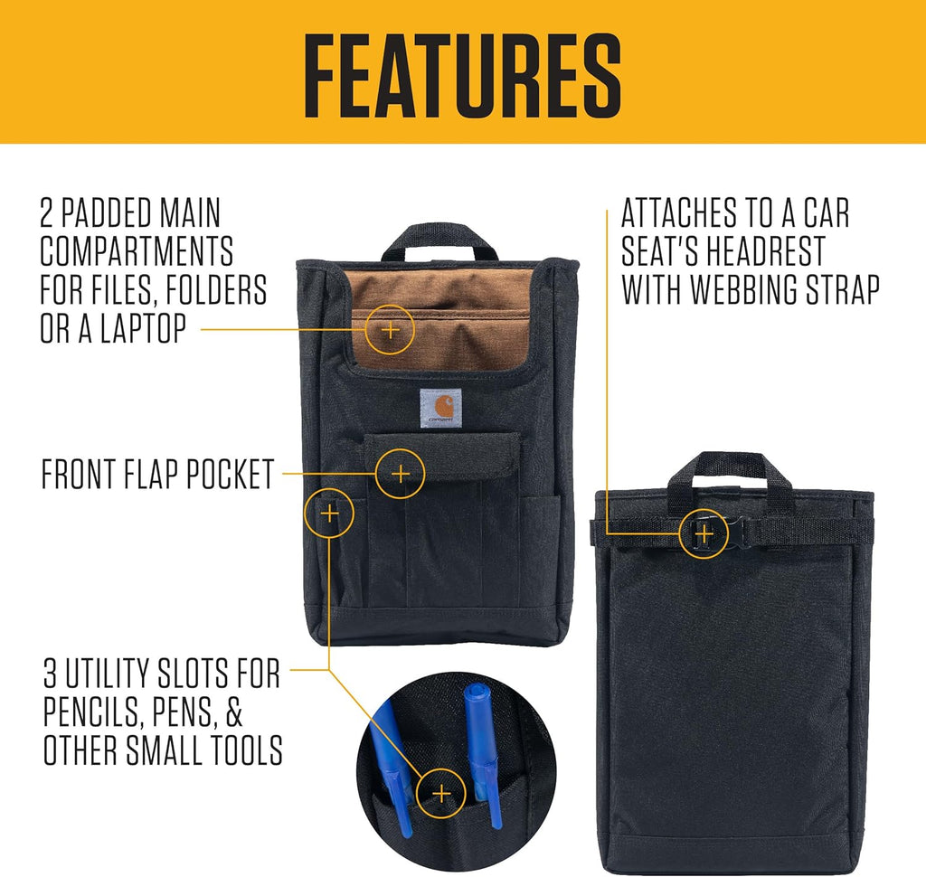 Carhartt Front Seat Car Organizer, Passenger Seat Storage & Organization for Books, Files, Folders, Laptop & More, Black