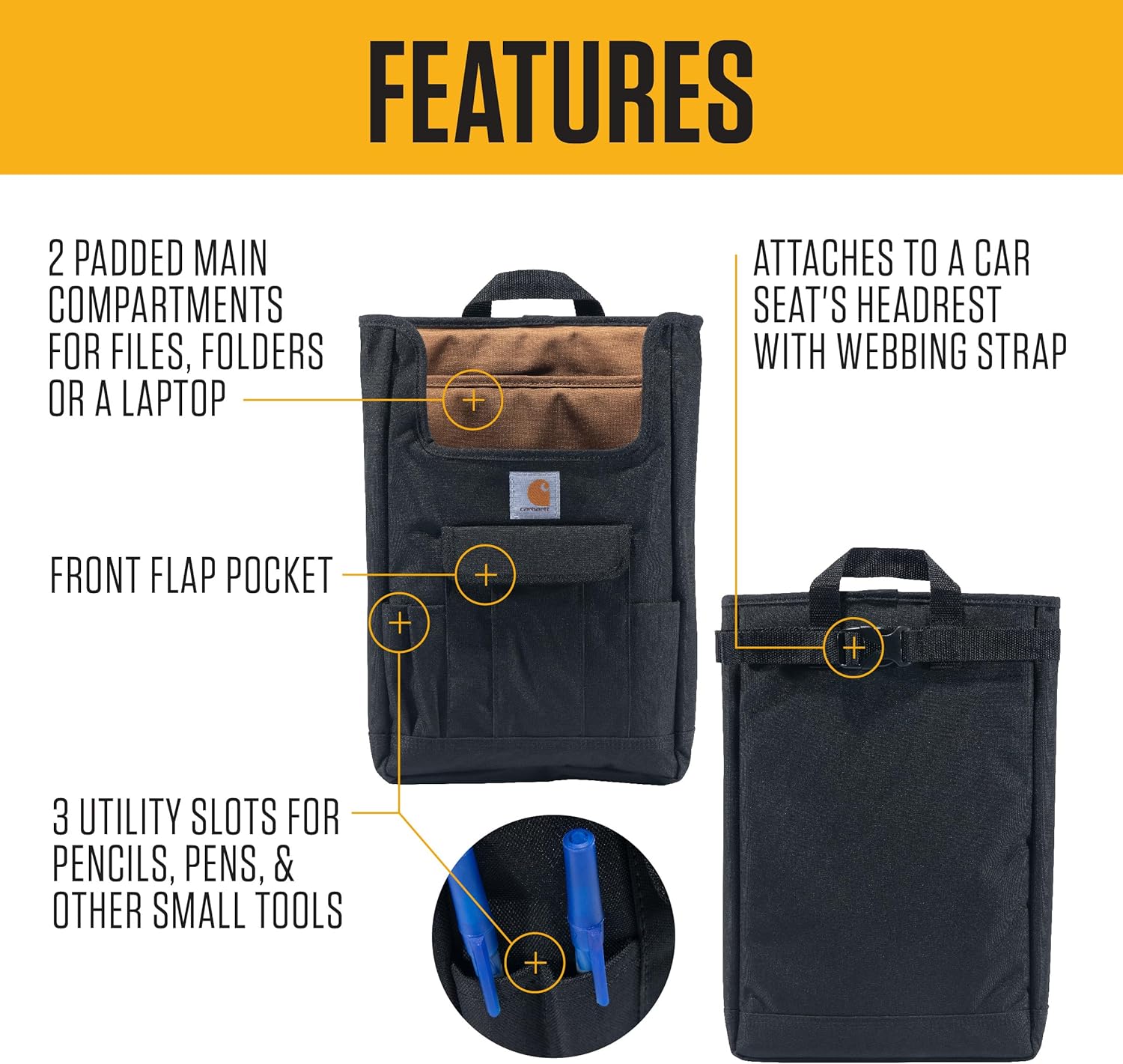 Carhartt Front Seat Car Organizer, Passenger Seat Storage & Organization for Books, Files, Folders, Laptop & More, Black