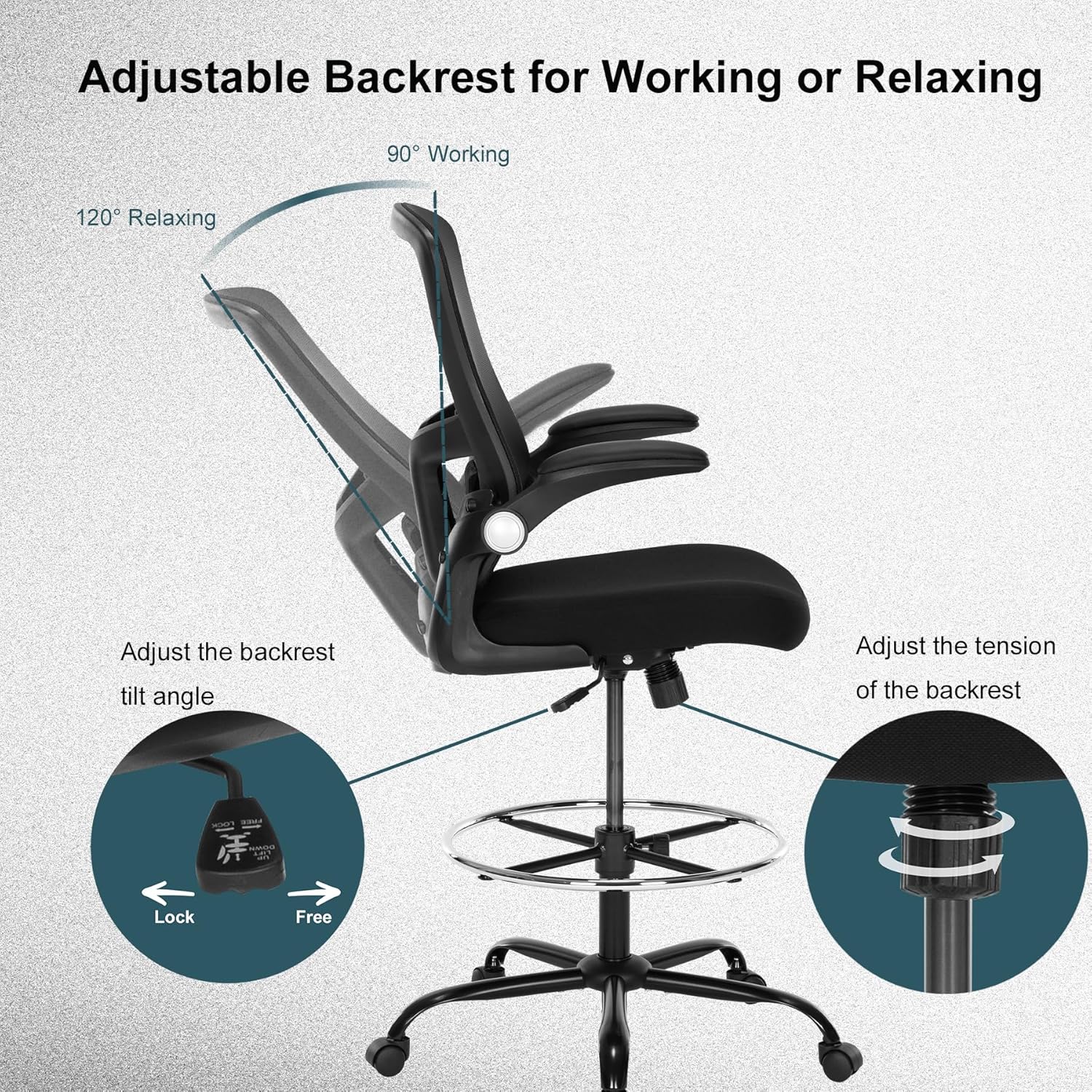 Ergonomic Drafting Chair – Tall Office Chair for Standing Desk, Adjustable Height Mesh Chair with Footrest and Flip-Up Arms, Counter Height, Black