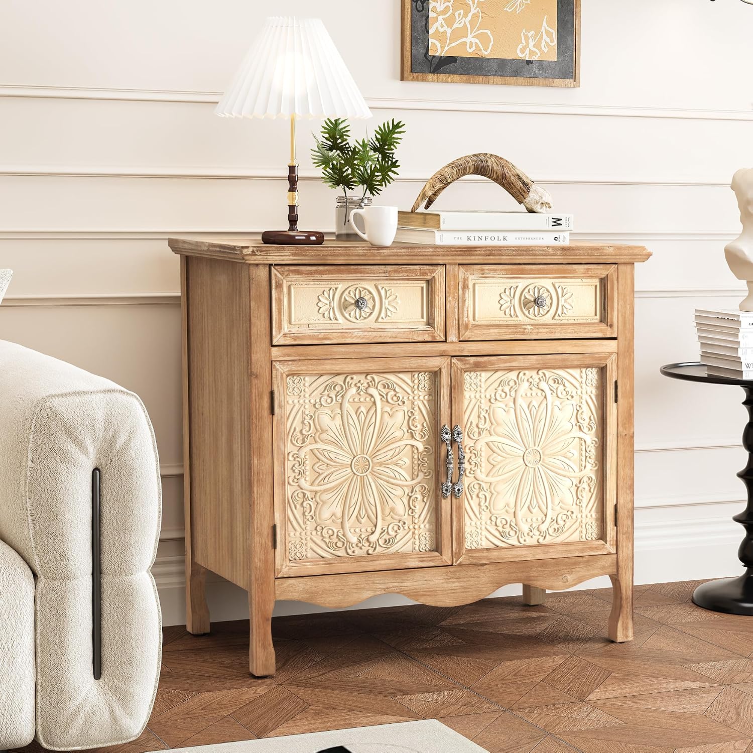 RoyalCraft Sideboard Buffet Cabinet, Solid Wood Accent Cabinet with 2 Carved Doors and 2 Drawers, Vintage Credenza for Kitchen, Living Room, Hallway, Natural Oak