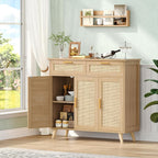 Akxomel Rattan Sideboard Buffet Cabinet with Storage, 35.4" W Buffet Cabinet with 2 Drawers and 3 Doors, Sideboard Storage Cabinet with Adjustable Shelves for Kitchen, Living Room, Natural Oak