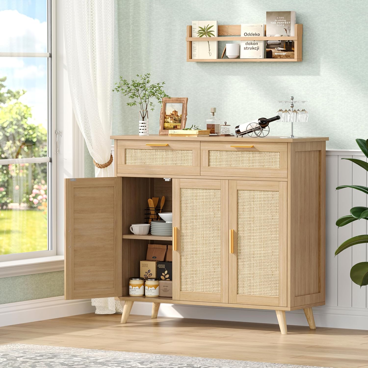 Akxomel Rattan Sideboard Buffet Cabinet with Storage, 35.4" W Buffet Cabinet with 2 Drawers and 3 Doors, Sideboard Storage Cabinet with Adjustable Shelves for Kitchen, Living Room, Natural Oak