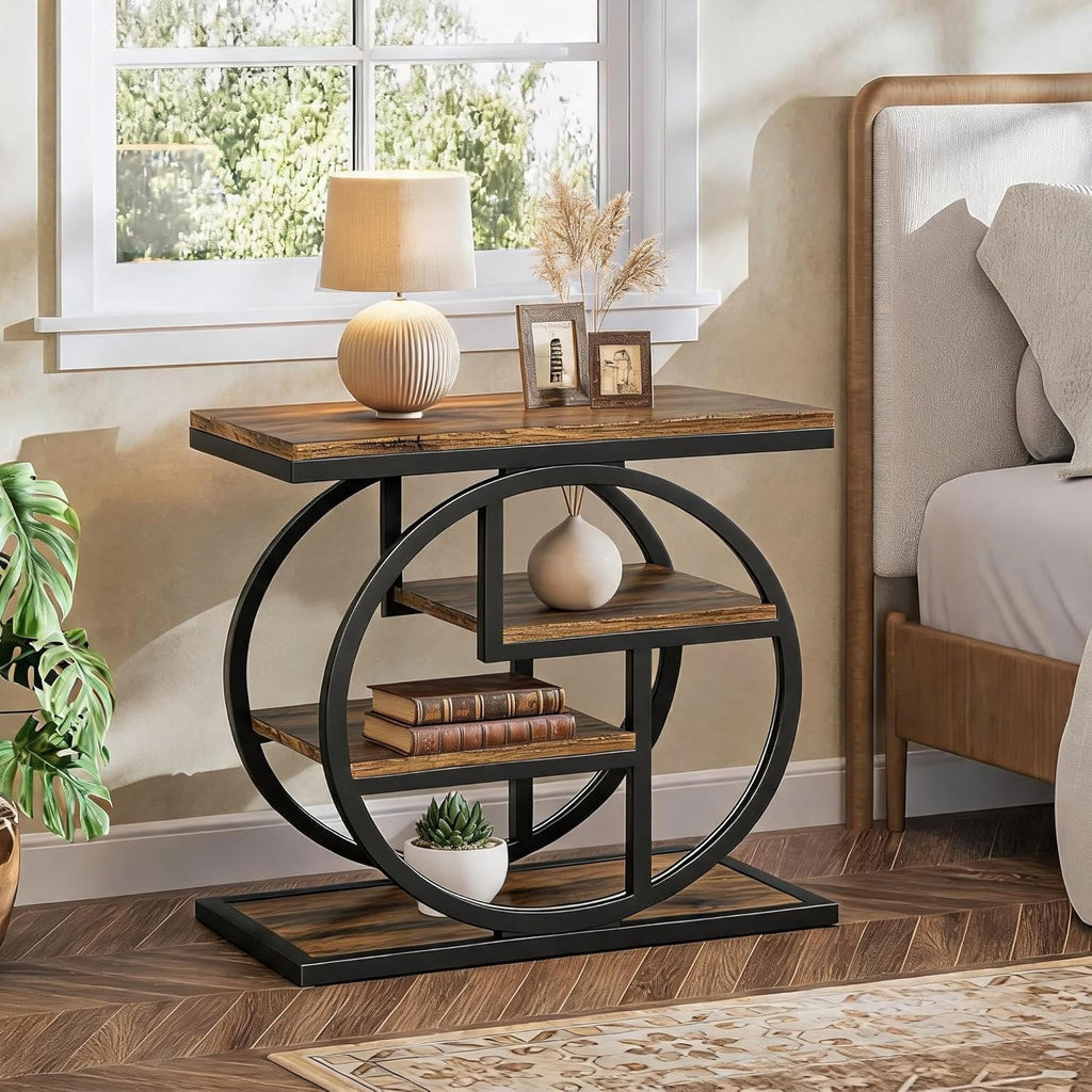 Tribesigns End Table for Living Room, Wooden Narrow Side Table with Storage Shelves & Wide Tabletop, Industrial Geometric Bedside Sofa Tables with Metal Frame for Bedroom, Small Spaces, Rustic Brown