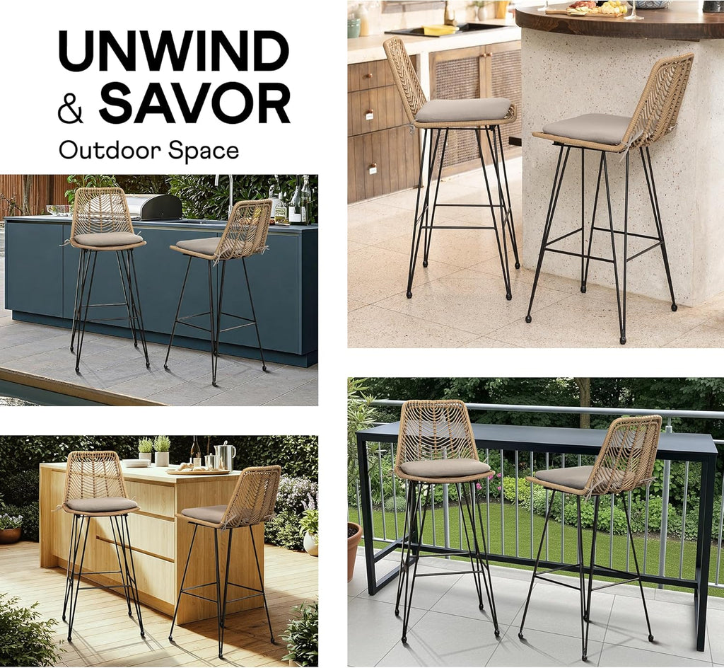 IDZO 400lbs Capacity Rattan Bar Stools Set of 2, 29-Inch Height, Outdoor & Indoor Use, Comfort Cushion, Solid Steel Frame, Durable Powder Coating, Easy Assembly, Ideal for Kitchen Island & Patio