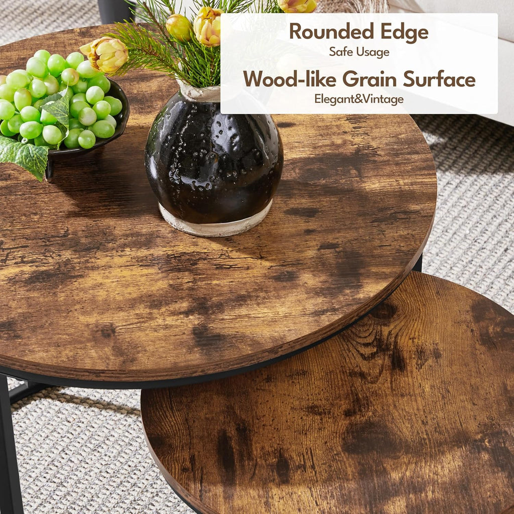 Yaheetech Nesting Coffee Table, Round Coffee Table for Living Room, Nesting Table with Wooden Tabletop and Sturdy Metal Frame, Stacking Living Room Tables Nesting End Table Set of 2, Rustic Brown