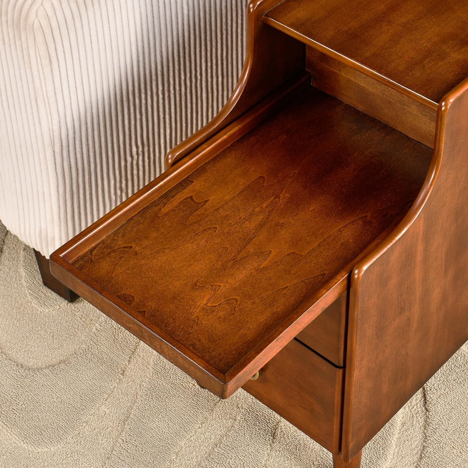 Narrow End Side Table with 2 Drawers and Pull-Out Tray, No-Tools Assembly Sofa Beside Table for Living Room, Slim Side Table with Solid Wood Legs, 11.8”W x 21.6”L x 22.9”H Caramel Brown BG-A1359-MG