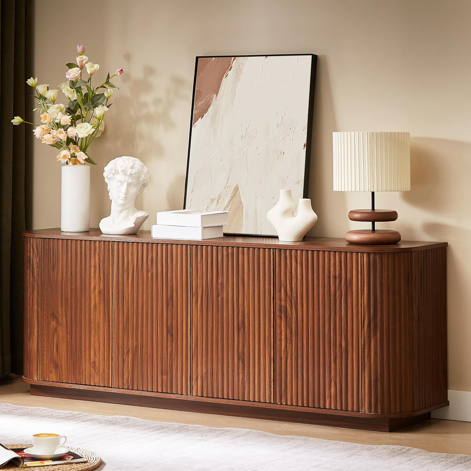 64'' Sideboard Buffet Cabinet, Wood Entertainment Center Modern TV Stand, Media Console with 4 Cabinets for Storage, Television Stands Coffee Bar for Living Room, Dining Room, Entryway