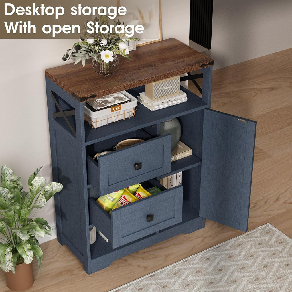 Fameill Farmhouse Storage Cabinet with 2 Drawers & Shelves, Freestanding Kitchen Cabinet with Doors, Floor Storage Organization for Living Room, Bathroom, Laundry, Blue, 27.5" L x 11.8" W x 37.5" H