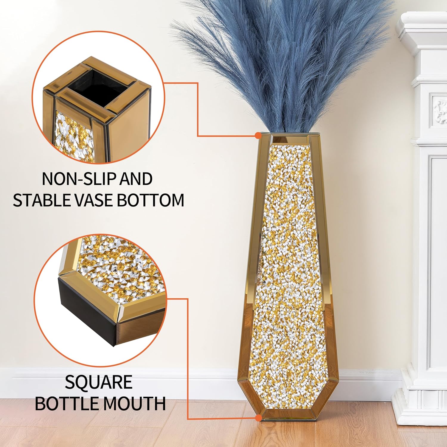 SHYFOY 24" Gold Floor Vase, Crushed Diamond Tall Glass Vase for Floor, Luxury Crystal Mirrored Decorative Flower Vase for Pampas Grass, Office and Home Decor