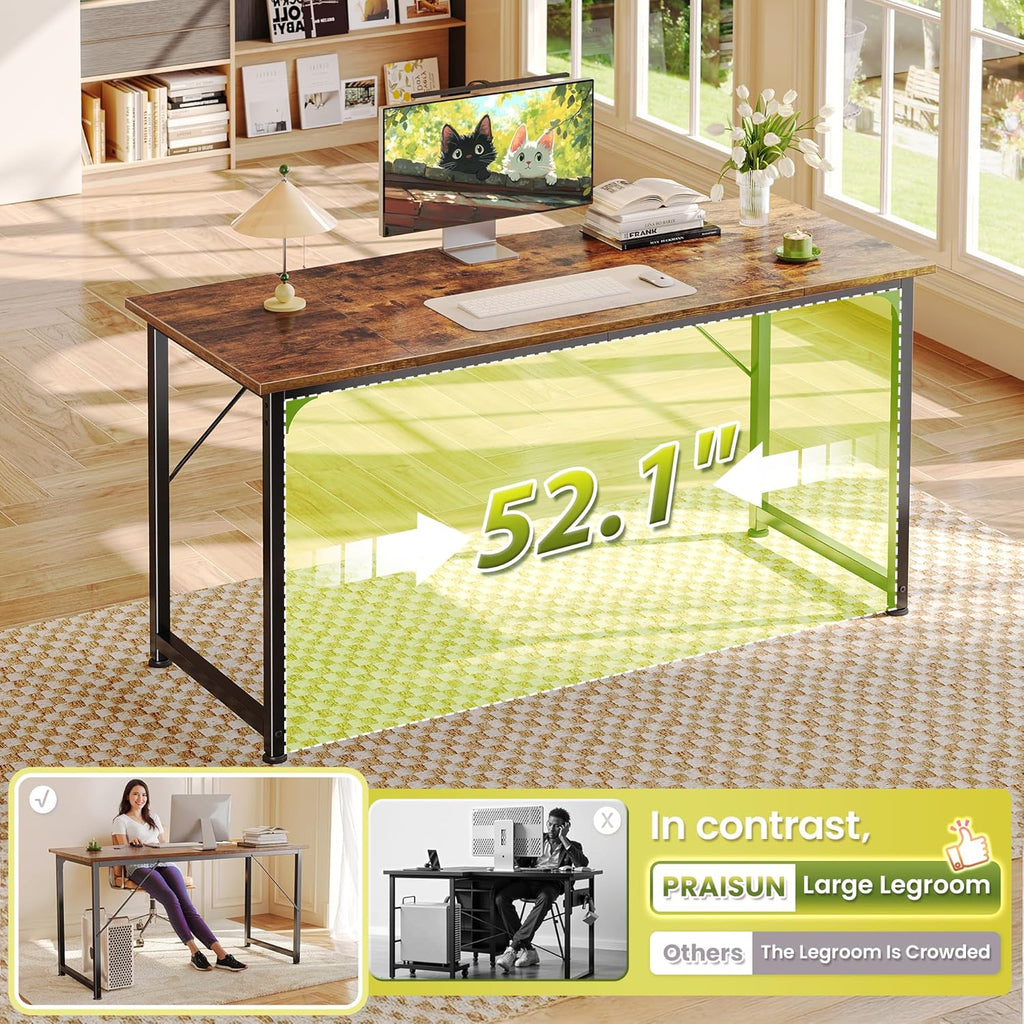 PRAISUN 55 Inch Computer Desk, Home Office Desk with Spacious Desktop, Modern Gaming Desk, Writing Study Table for Bedroom, Small Spaces, Work from Home Desk with Metal Frame, Rustic Brown