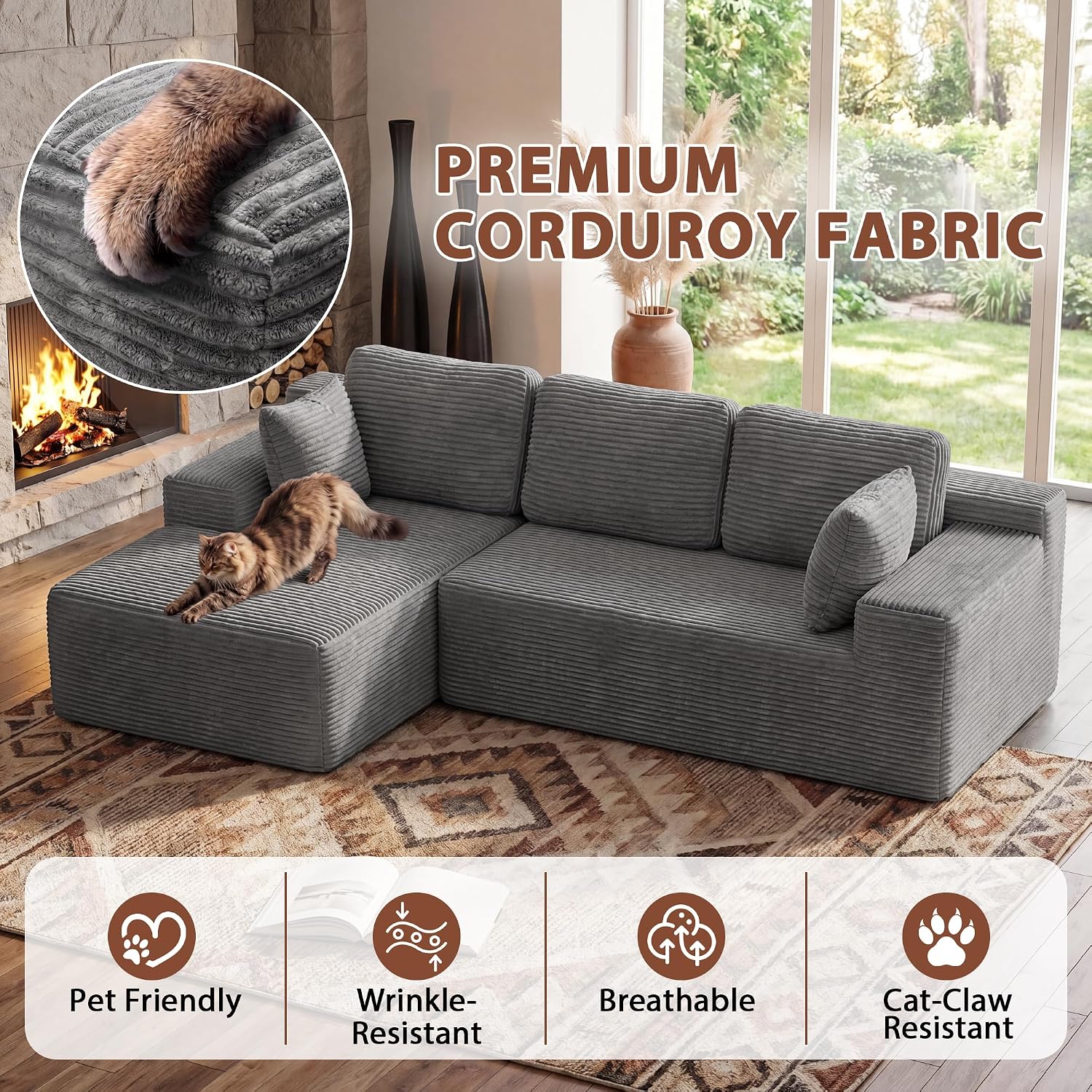 Homall 108" Modular Sectional Sofa, Boneless Couch with L-Shape Chaise, Cloud Couch with Deep Seat Upholstered, No Assembly Required for Living Room, Bedroom (Corduroy, Grey)