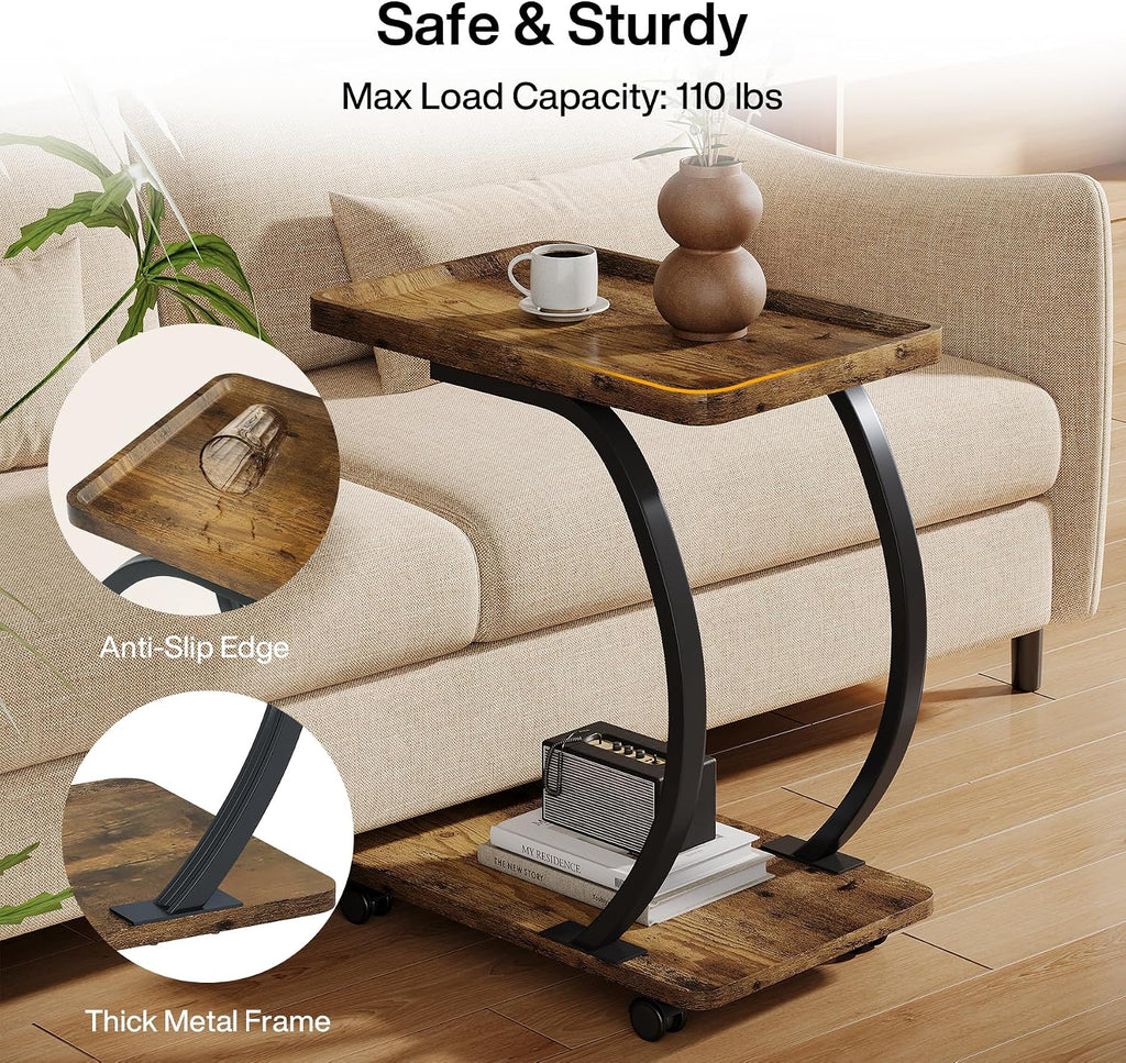Tribesigns C-Shaped End Table, Industrial 2-Tier Small Side Table with Wheels, Wood Bedside Snack Couch Table with Metal Frame, for Living Room Small Spaces, Rustic Brown