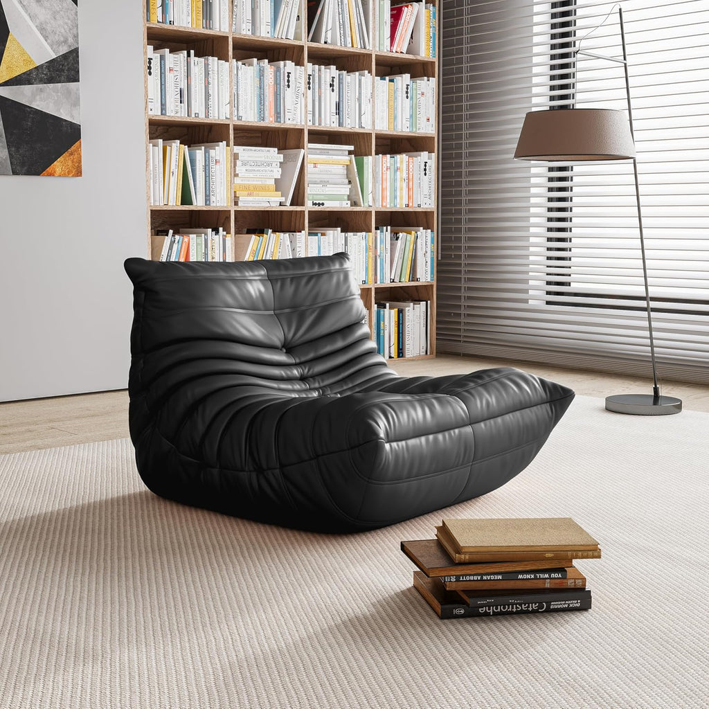 High-end Uncompressed Togo Bean Bag Chair for Adults, Memory Foam Floor Sofa Couch with Soft Fabric, Comfy Fireside Lounge Chair for Living Room, Bedroom, Apartment Microfiber Leather Black