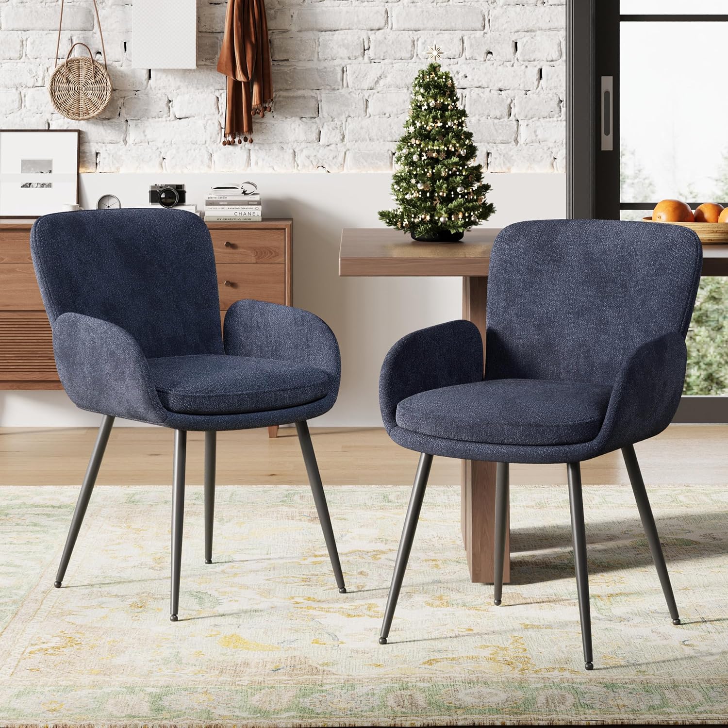 VKNOW Modern Dining Chairs Set of 4, Upholstered Dining Room Chair with Armrest, Kitchen Chairs with Curved Ergonomics Backrest for Living Room, Dining Room, Kitchen, Navy Blue