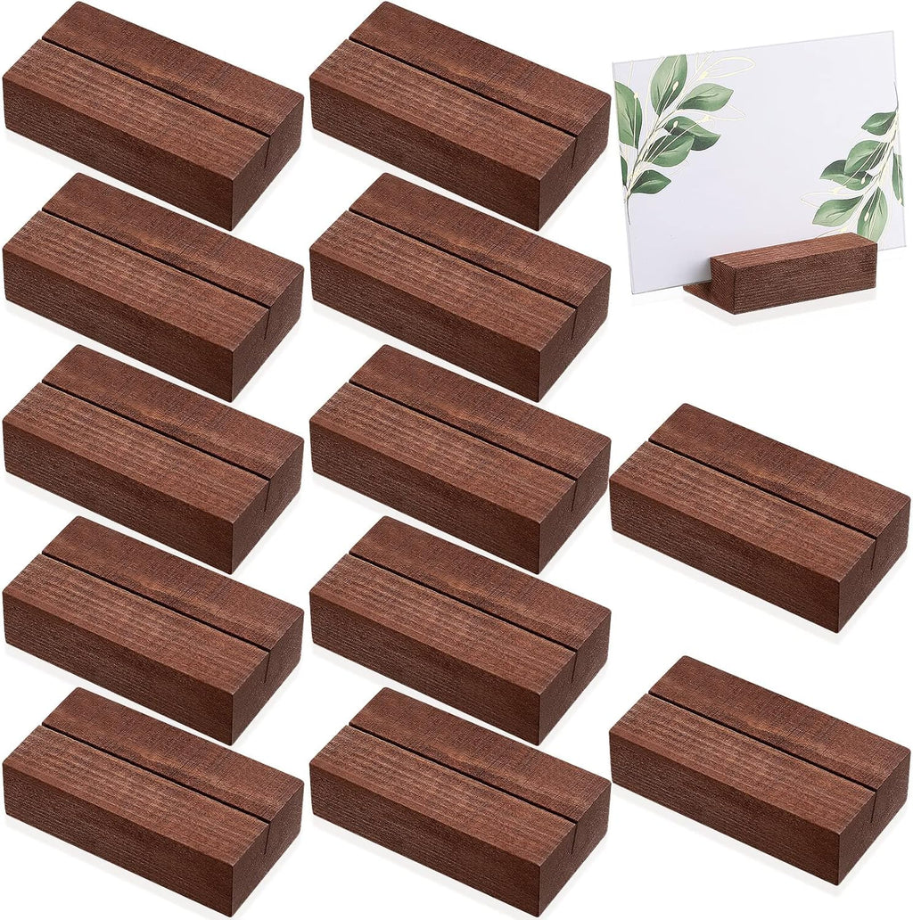 Blosssound 12 Pcs Wood Place Card Holders Wooden Table Number Holder Stands Name Card for Wedding Party Events Exhibition Decoration Office Restaurant Business(Brown,3 x 1.6 x 0.8 Inches)