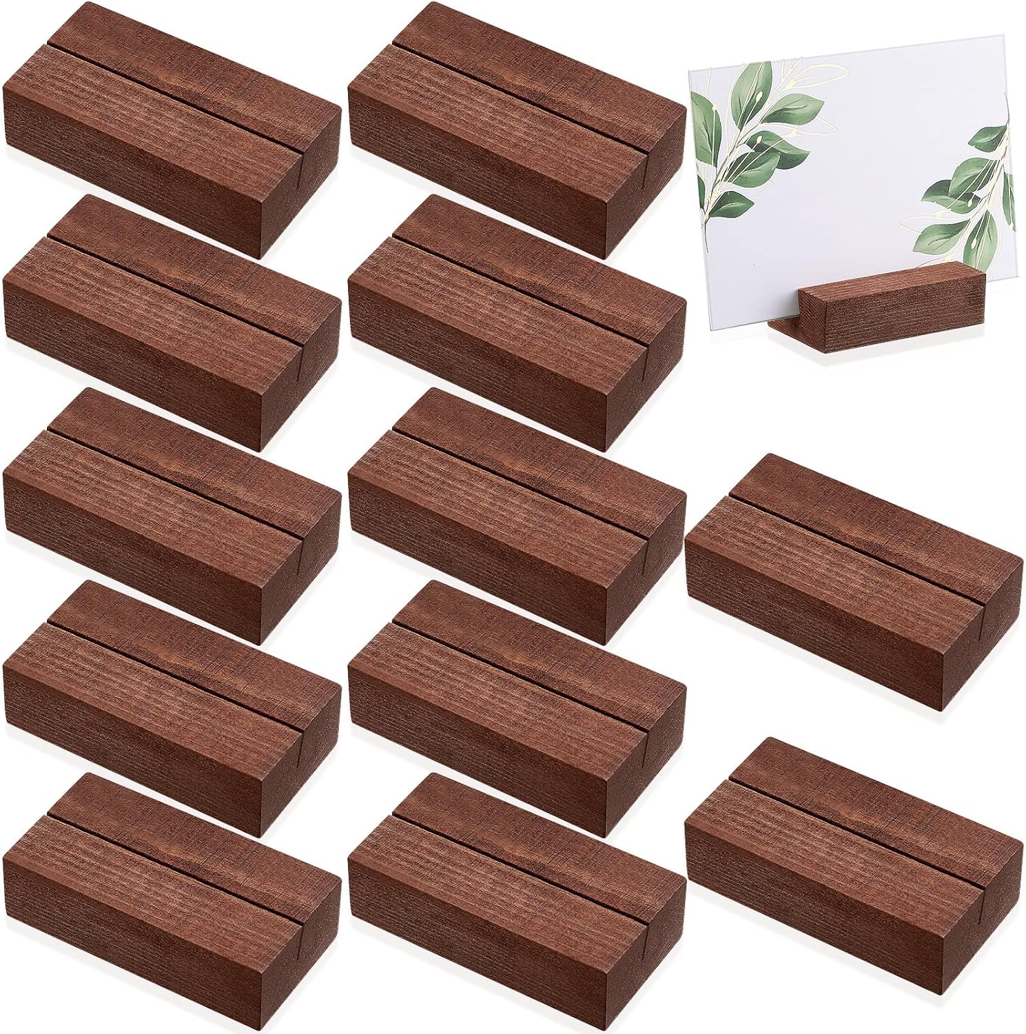 Blosssound 12 Pcs Wood Place Card Holders Wooden Table Number Holder Stands Name Card for Wedding Party Events Exhibition Decoration Office Restaurant Business(Brown,3 x 1.6 x 0.8 Inches)