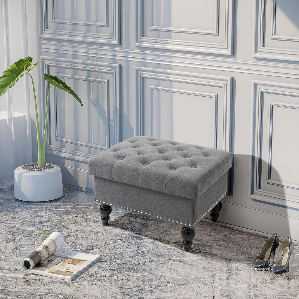 Versatile Upholstered Storage Ottoman with Tufted Lid and Nailhead Trim for Living Room, Bedroom or Entryway