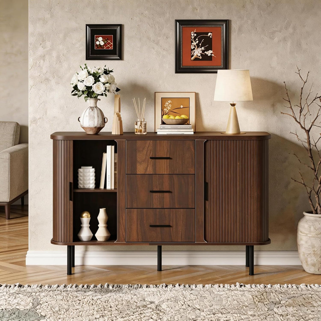 47'' Fluted Cabinet with Storage, Walnut Buffet Cabinet Sideboard with Sliding Door, 3 Drawers & Adjustable Shelf, Mid Century Coffee Bar, Curved Edge Design Storage Cabinet for Kitchen, Living Room
