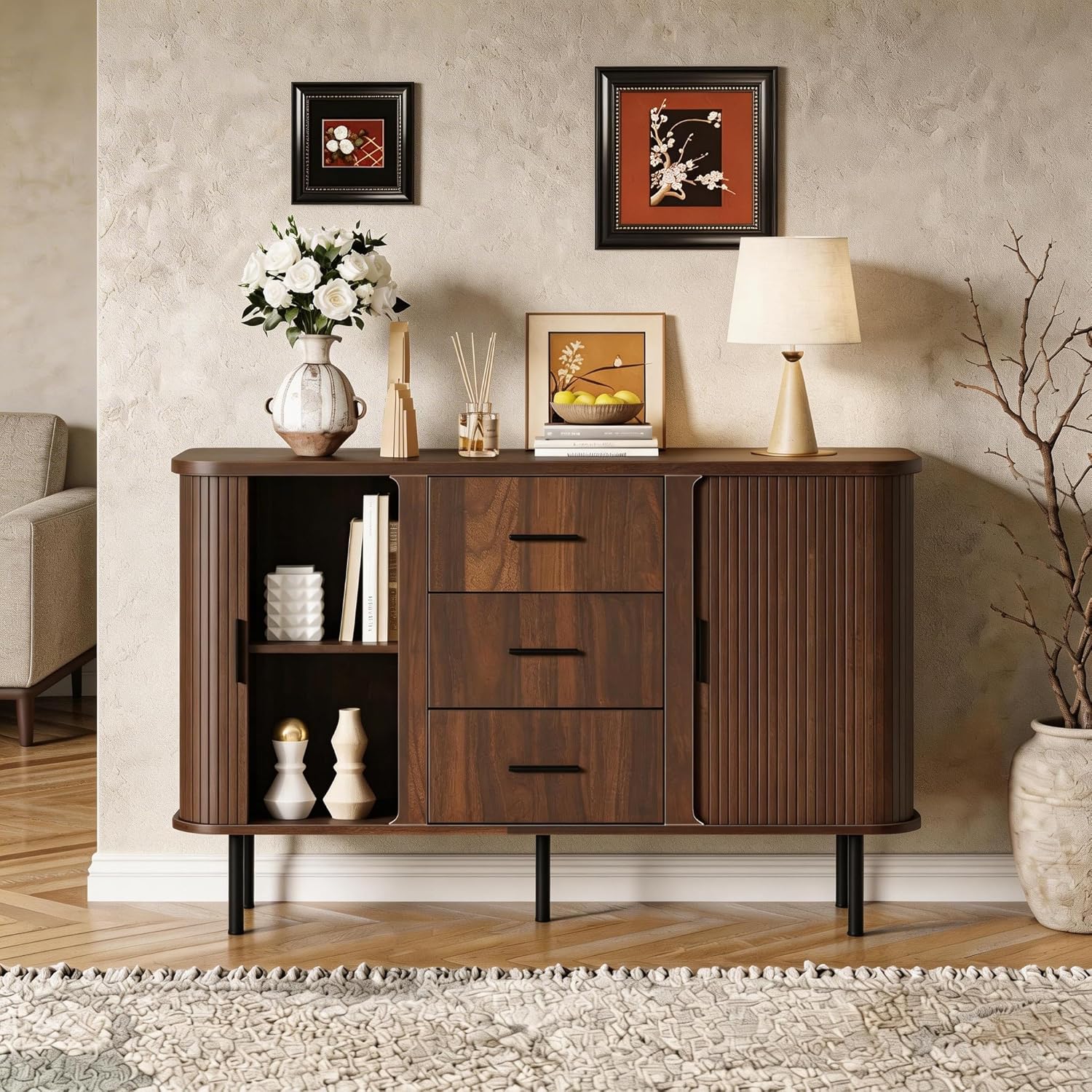 47'' Fluted Cabinet with Storage, Walnut Buffet Cabinet Sideboard with Sliding Door, 3 Drawers & Adjustable Shelf, Mid Century Coffee Bar, Curved Edge Design Storage Cabinet for Kitchen, Living Room