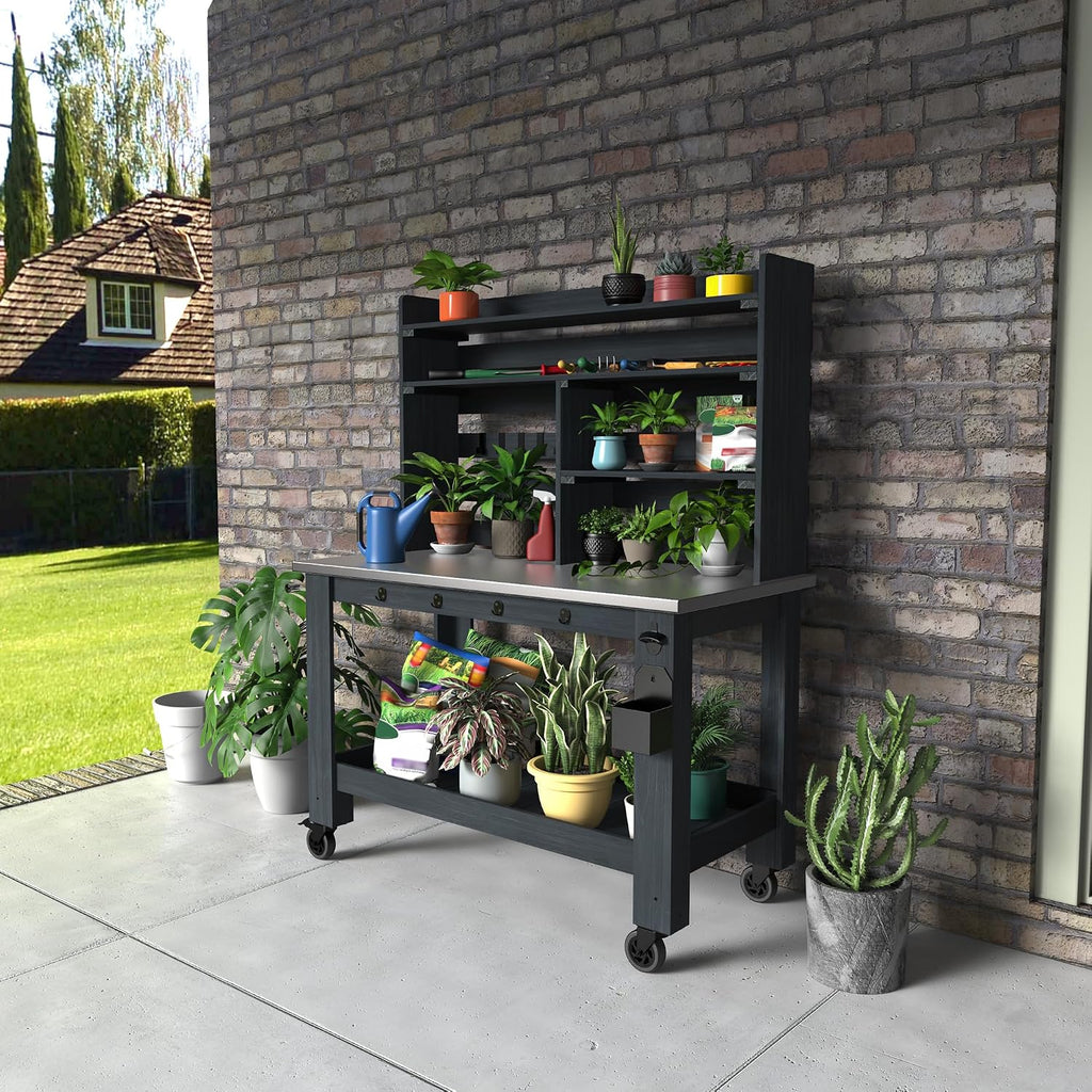 GDLF Potting Bench Table Large Outdoor Kitchen Island Prep Station with Stainless Steel Top Waterproof Cover, Hardwood, 66.9" H