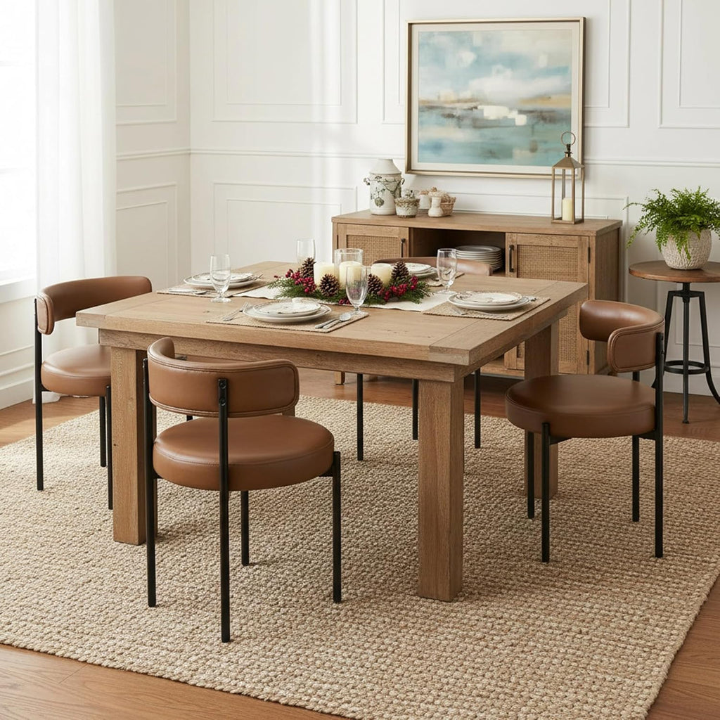 Faux Leather Dining Chairs Set of 6, Mid Century Modern Dining Room Chairs with Barrel Backrest, Upholstered Brown Kitchen Chairs for Dining Room, Restaurant