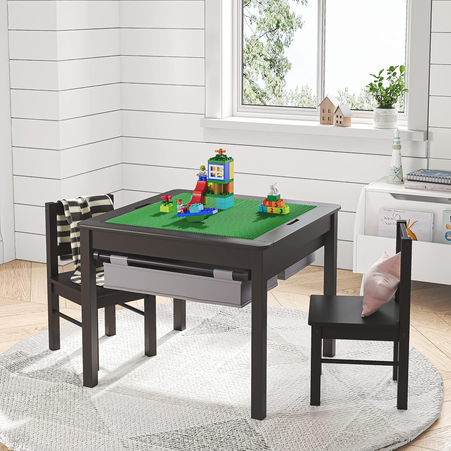 UTEX 2 in 1 Kids Construction Play Table and Chair Set with Storage Drawers | Wooden Kids Building & Activity Table with Storage, Water-based Paint Finish, Built in Plate Compatible with Lego and Duplo B