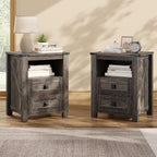 AMERLIFE Farmhouse Wood Nightstand Set of 2, End Table with Drawers, Grey | Narrow/Small 18" Bedside Table with Open Shelf, Wooden Night Stand for Bedroom/Home Office, Rustic Grey Oak