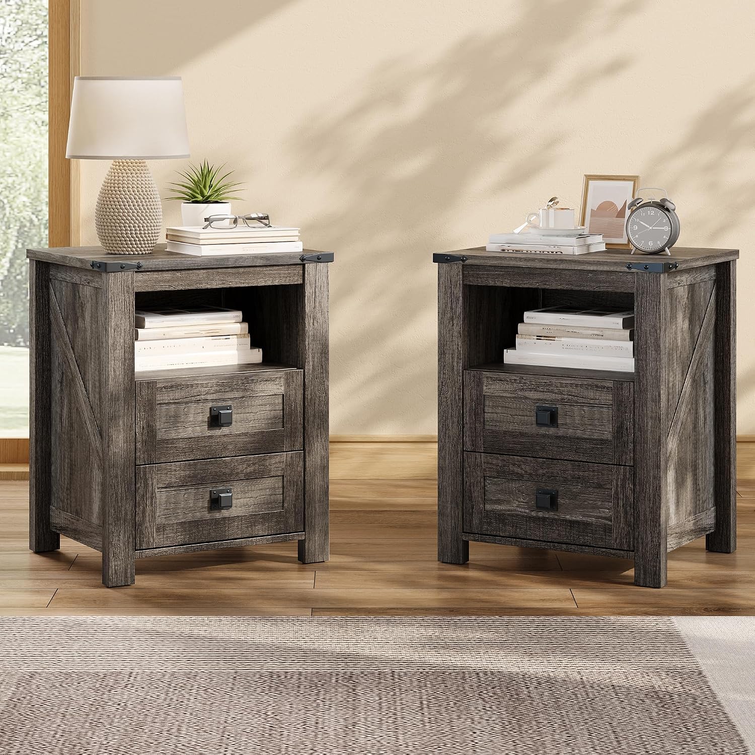AMERLIFE Farmhouse Wood Nightstand Set of 2, End Table with Drawers, Grey | Narrow/Small 18" Bedside Table with Open Shelf, Wooden Night Stand for Bedroom/Home Office, Rustic Grey Oak